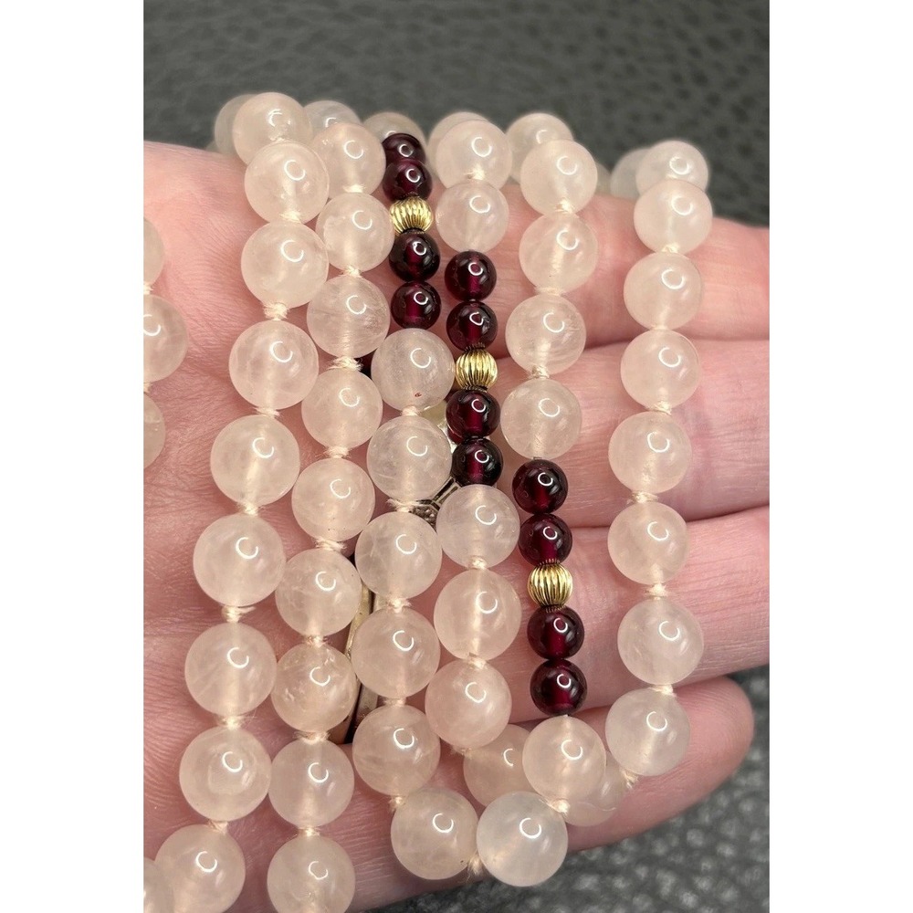 Vintage Rose Quartz Garnet Beaded Necklace 14K Gold Accent Beads 32" Long Opera